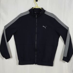 Puma Men's Navy Zip-Up Jacket with Gray Shoulder Stripes